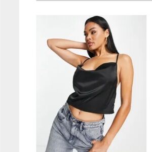 Parisian satin cami strap top with cowl neck in black